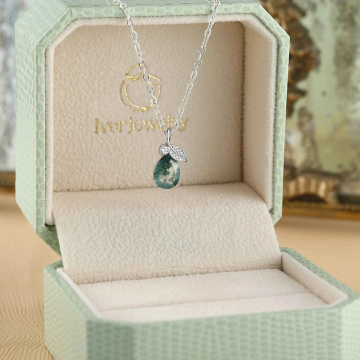 Nature Inspired Pear Cut Moss Agate Leafy Pendant - Ready to Ship