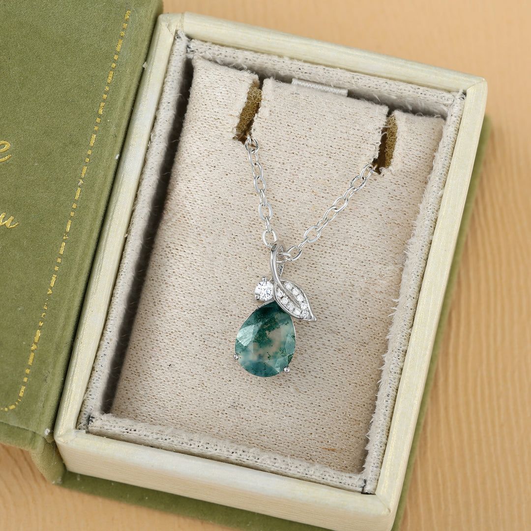 Nature Inspired Pear Cut Moss Agate Leafy Pendant