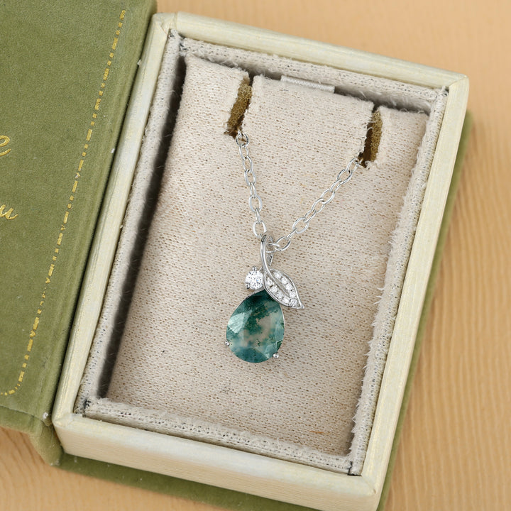Nature Inspired Pear Cut Moss Agate Leafy Pendant