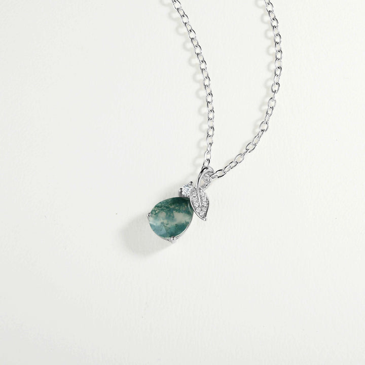 Nature Inspired Pear Cut Moss Agate Leafy Pendant - Ready to Ship