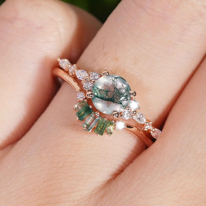 Unique Round Cut Moss Agate Captivating Ring Set 2pcs