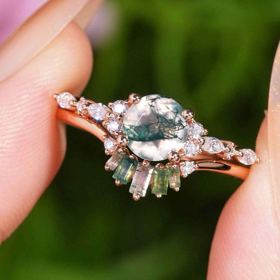 Unique Round Cut Moss Agate Captivating Ring Set 2pcs
