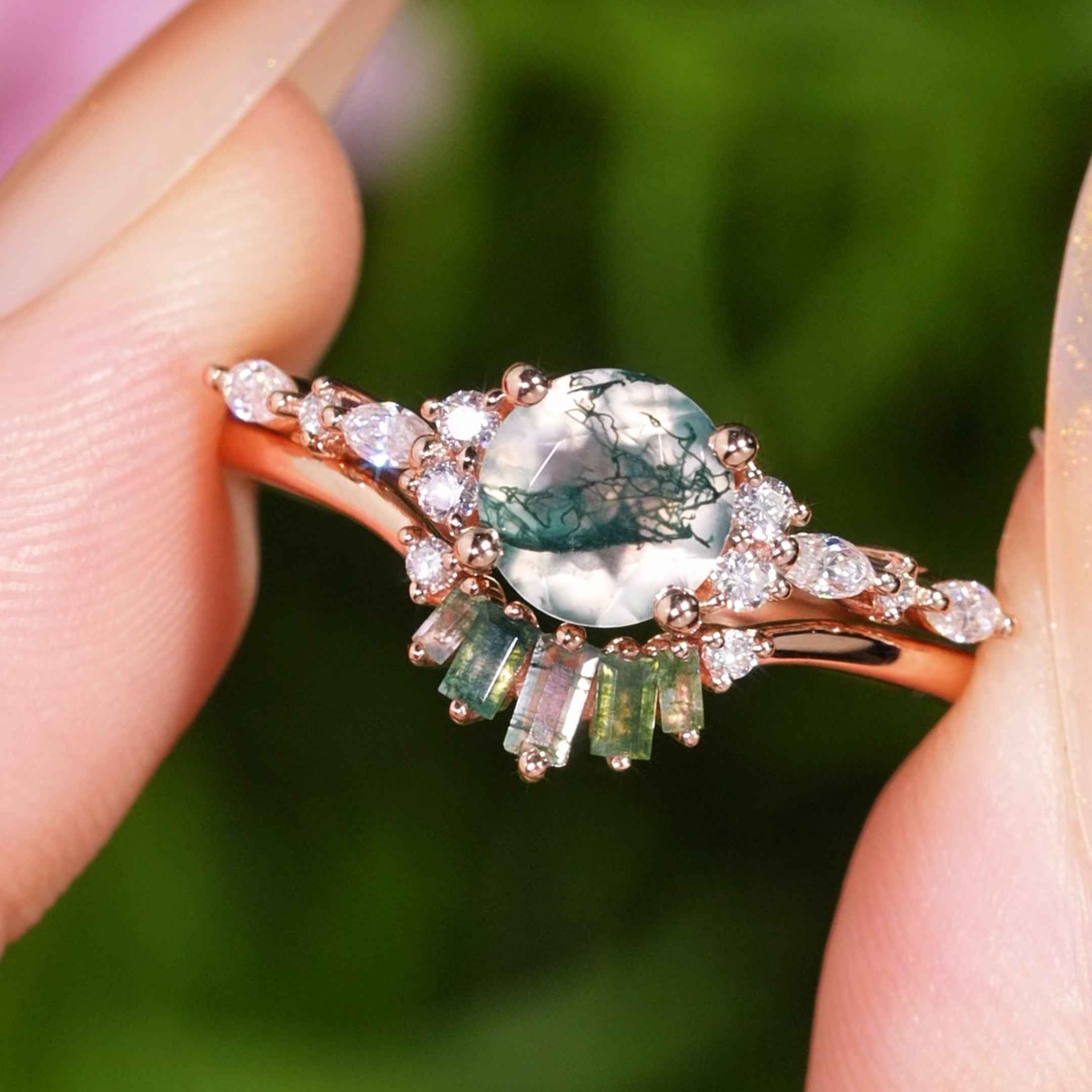 Unique Round Cut Moss Agate Captivating Ring Set 2pcs