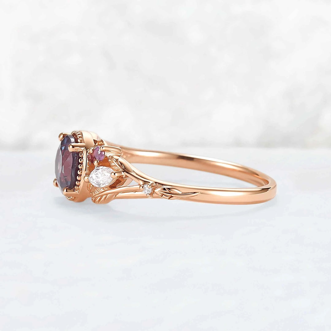 Nature Inspired 6mm Round Cut Alexandrite Leafy Engagement Ring