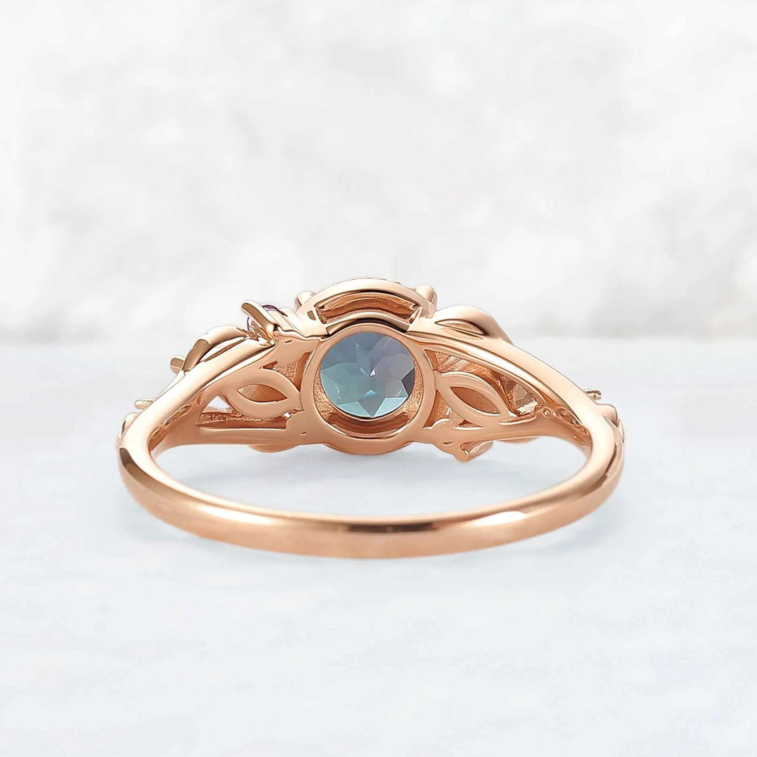 Nature Inspired 6mm Round Cut Alexandrite Leafy Engagement Ring