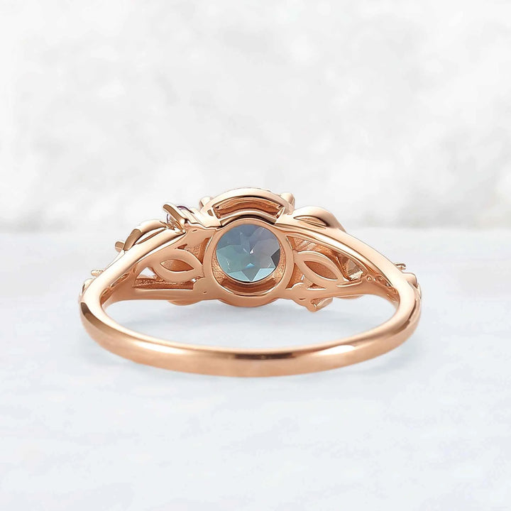 Nature Inspired 6mm Round Cut Alexandrite Leafy Engagement Ring
