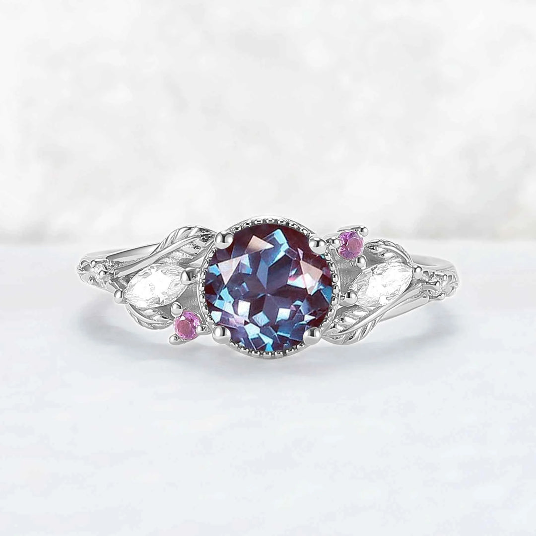 Nature Inspired 6mm Round Cut Alexandrite Leafy Engagement Ring