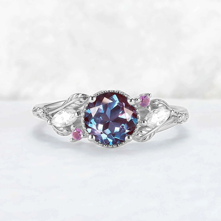 Nature Inspired 6mm Round Cut Alexandrite Leafy Engagement Ring