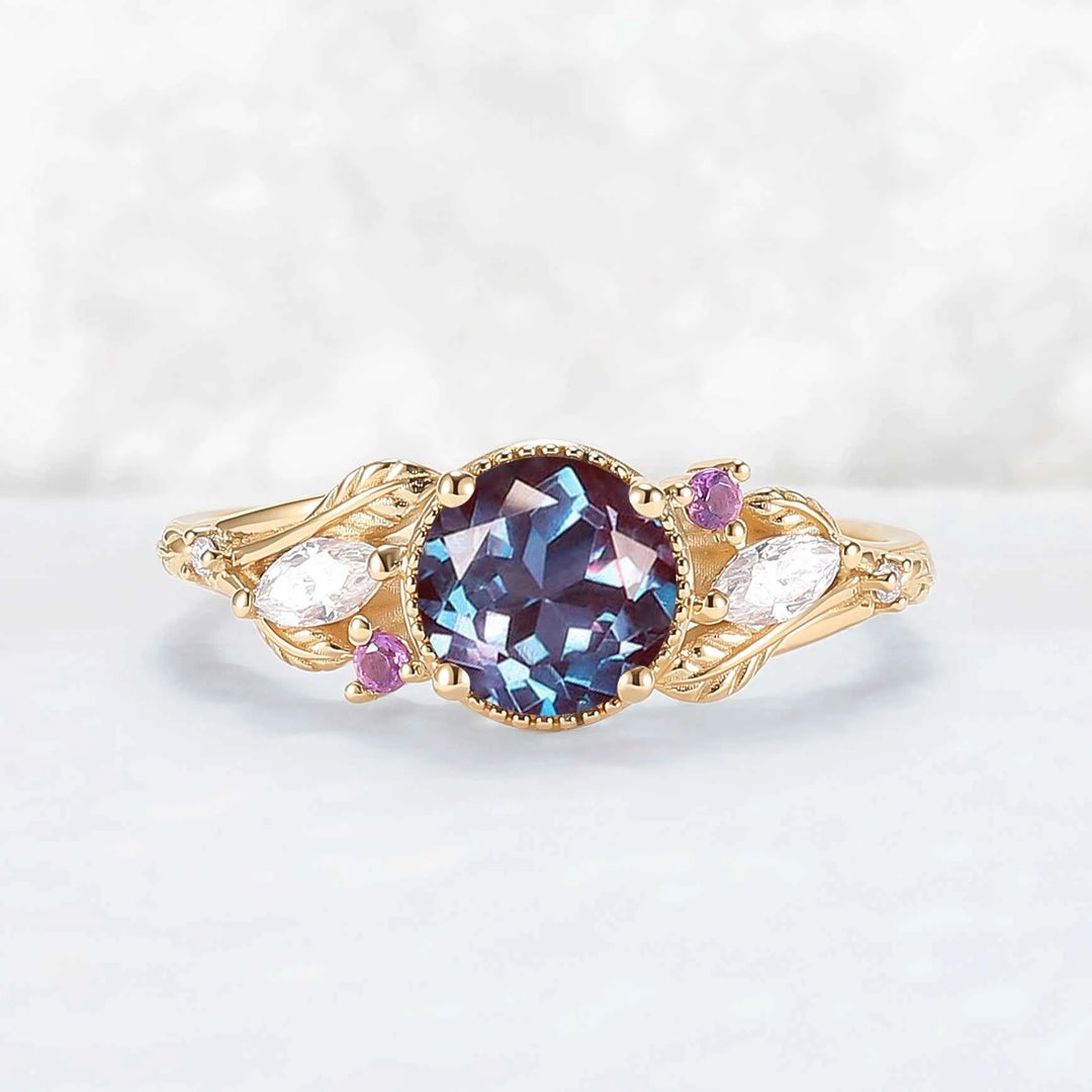 Nature Inspired 6mm Round Cut Alexandrite Leafy Engagement Ring