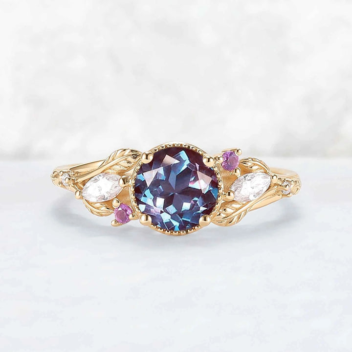 Nature Inspired 6mm Round Cut Alexandrite Leafy Engagement Ring