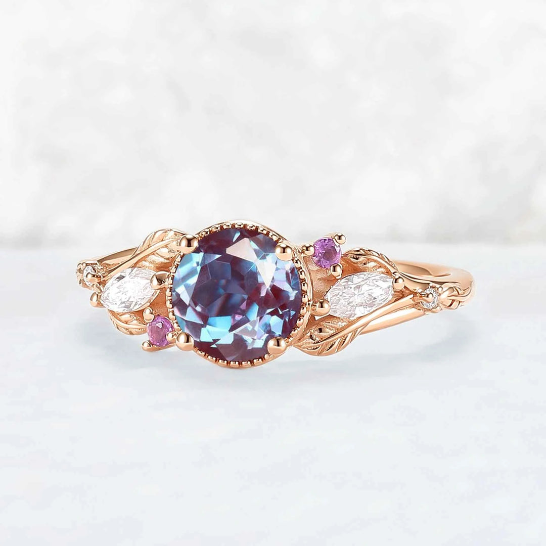 Nature Inspired 6mm Round Cut Alexandrite Leafy Engagement Ring