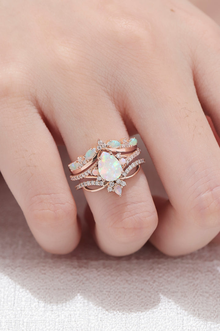 Iver Jewelry Nature Pear Shaped Opal Vine Engagement Ring Set 3pcs