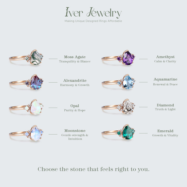 Princess Mononoke Pear Cut Alexandrite Cluster Gemstone Ring Set 2pcs