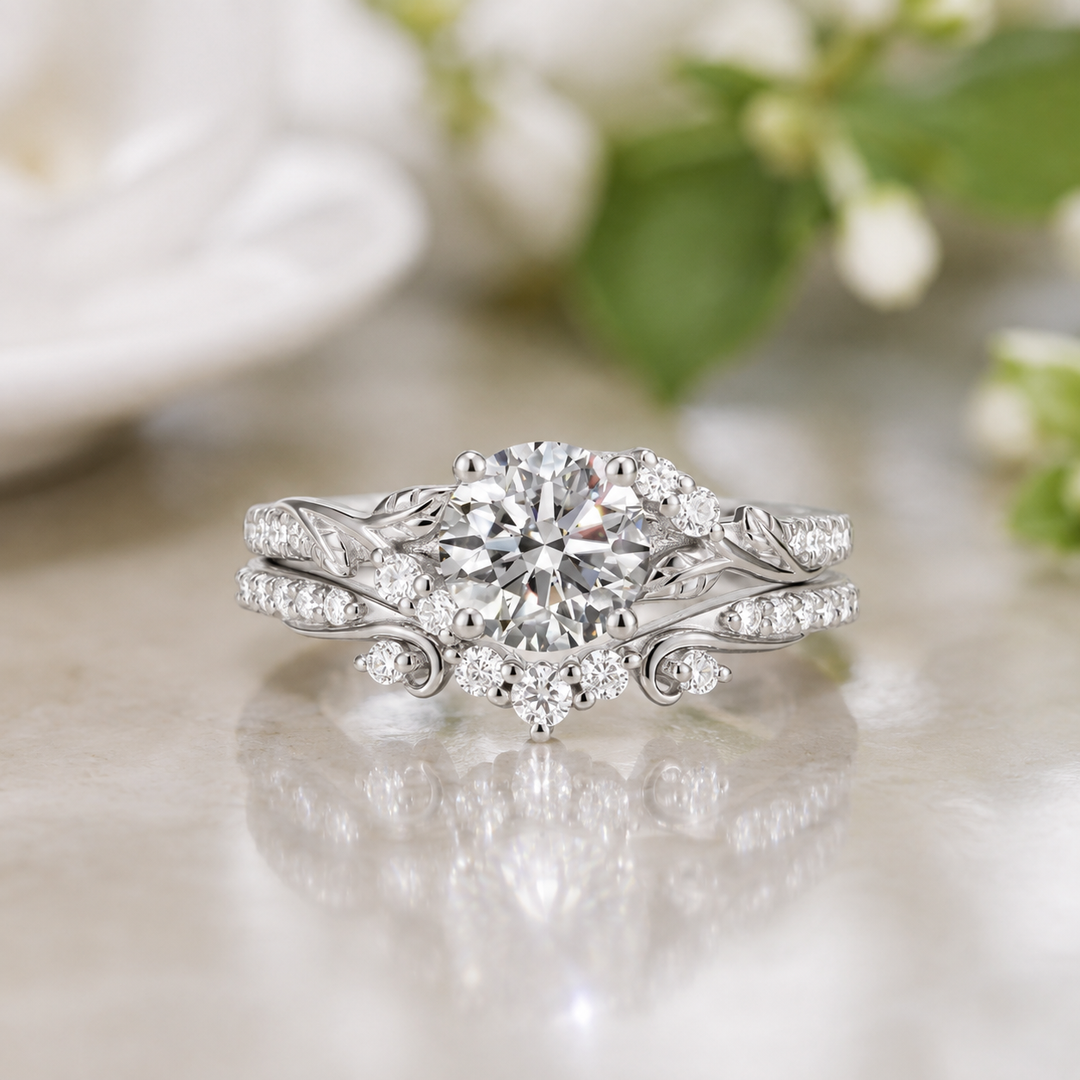 0.85 ct Round Brilliant Cut Lab Diamond Leafy Engagement Ring Set 2pcs