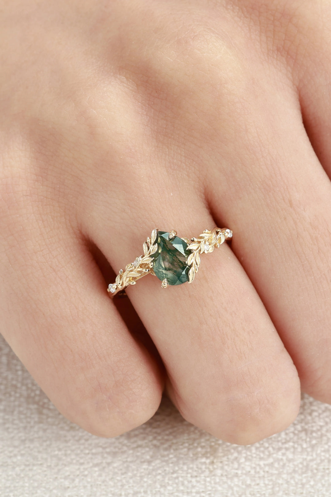 Celestial Nature Moonlit Olive Leaf Moss Agate Engagaement Ring