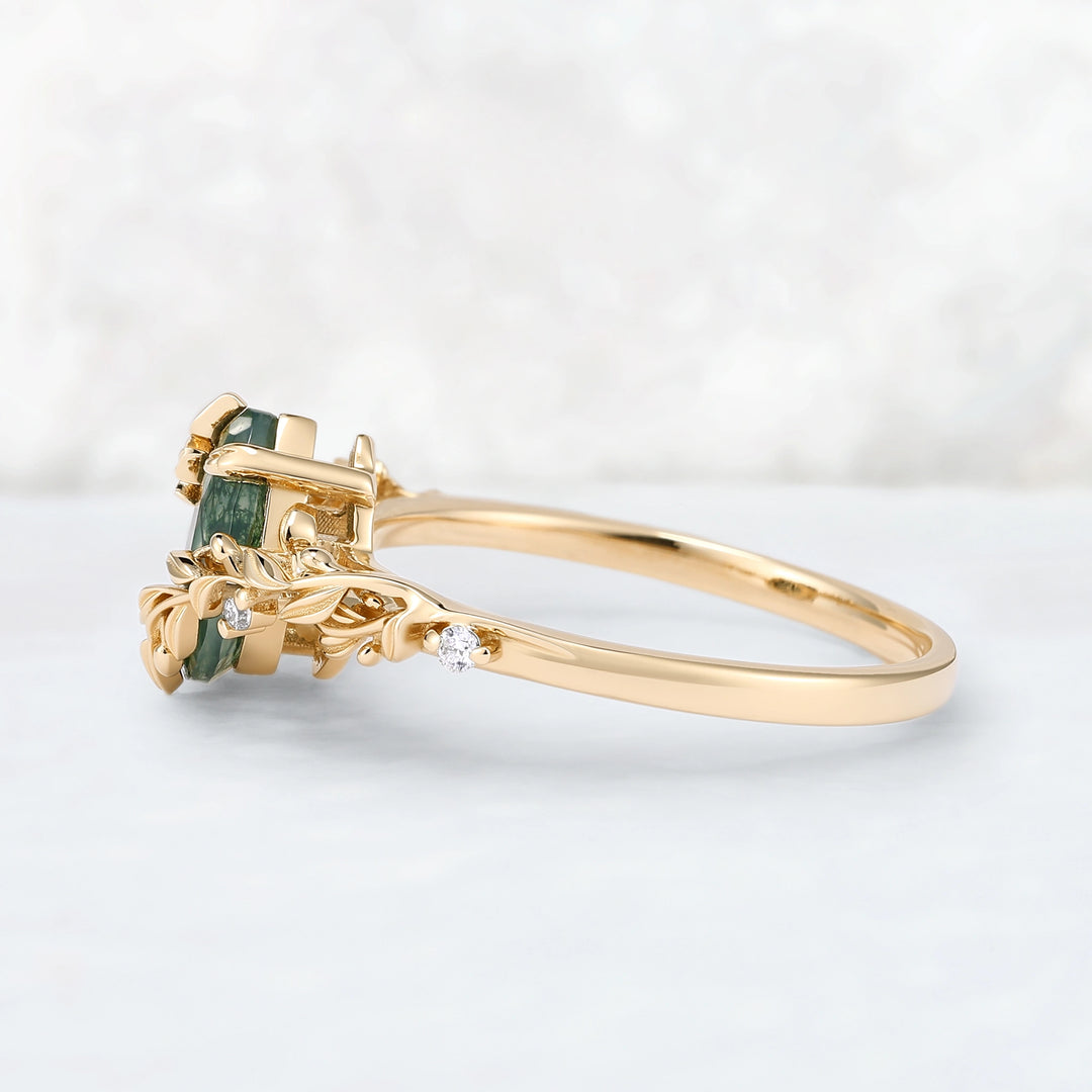 Celestial Nature Moonlit Olive Leaf Moss Agate Engagaement Ring