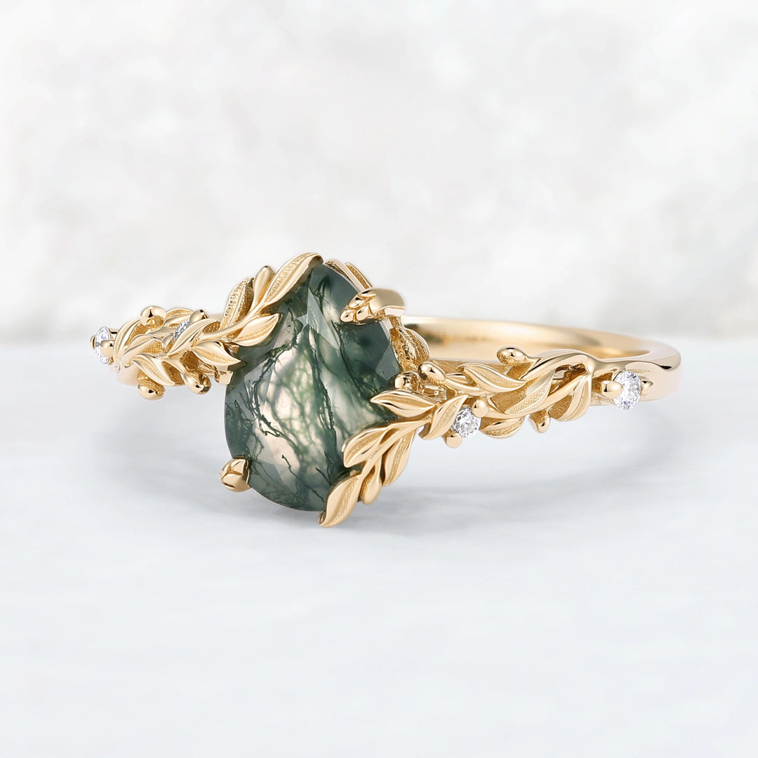 Celestial Nature Moonlit Olive Leaf Moss Agate Engagaement Ring