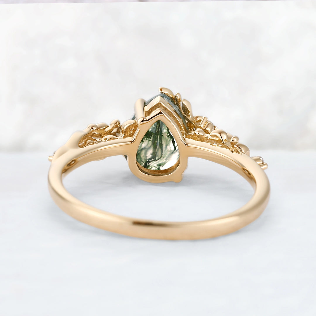 Celestial Nature Moonlit Olive Leaf Moss Agate Engagaement Ring