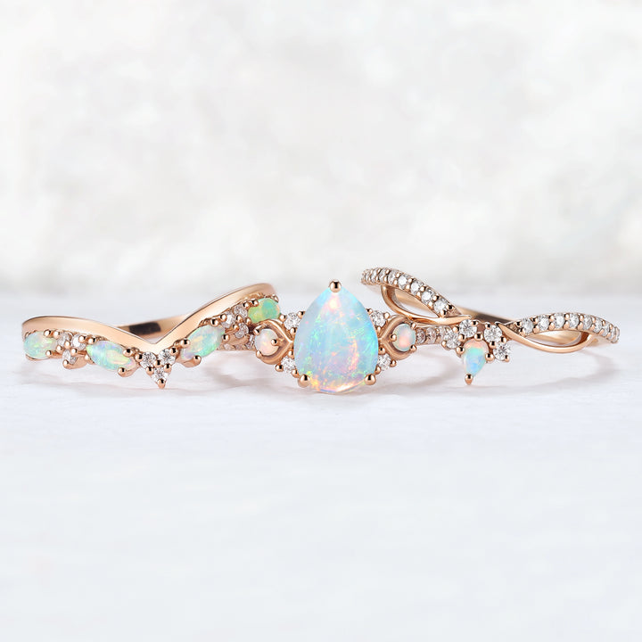 Nature Inspired Pear Shaped Natural Opal Gemstone Ring Set 3pcs