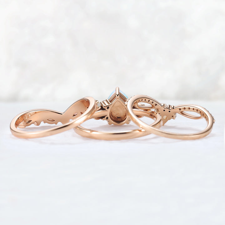 Nature Inspired Pear Shaped Natural Opal Gemstone Ring Set 3pcs