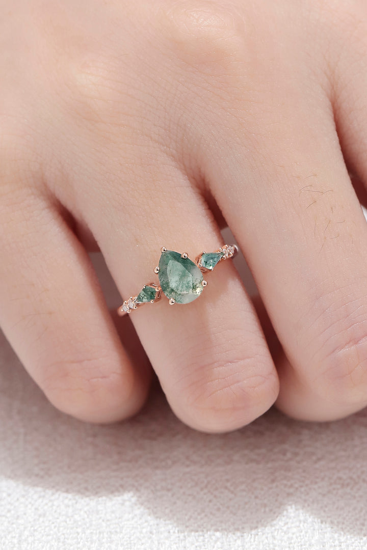 Unique Pear Cut Moss Agate Seven Stones Engagement Ring