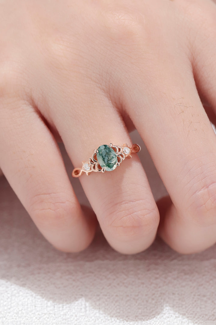 Nature Oval Cut Moss Agate Twig Engagement Ring