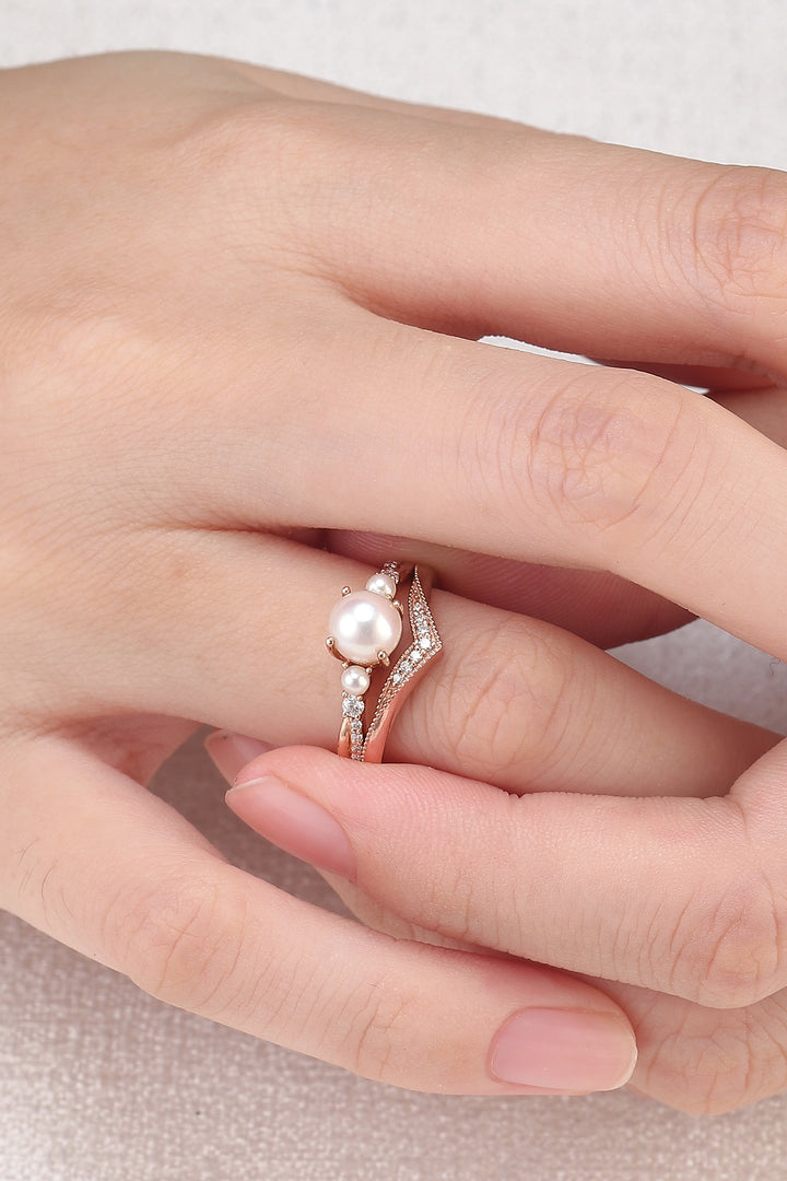Akoya Round Pearl and Moissanite Gemstone Ring Set 2pcs