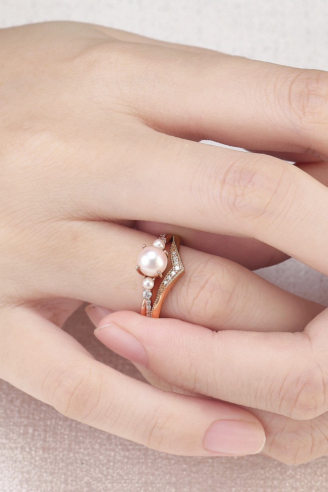 Akoya Round Pearl and Moissanite Gemstone Ring Set 2pcs