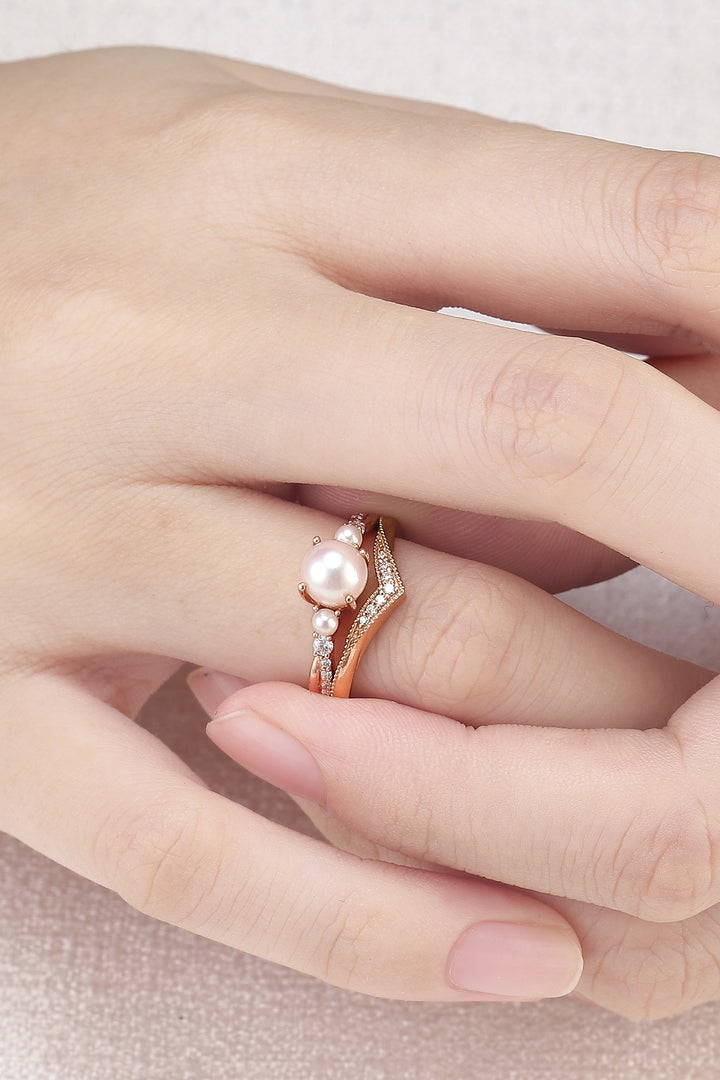 Akoya Round Pearl and Moissanite Gemstone Ring Set 2pcs