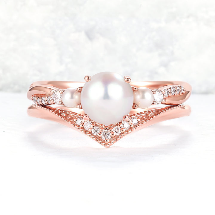 Akoya Round Pearl and Moissanite Gemstone Ring Set 2pcs