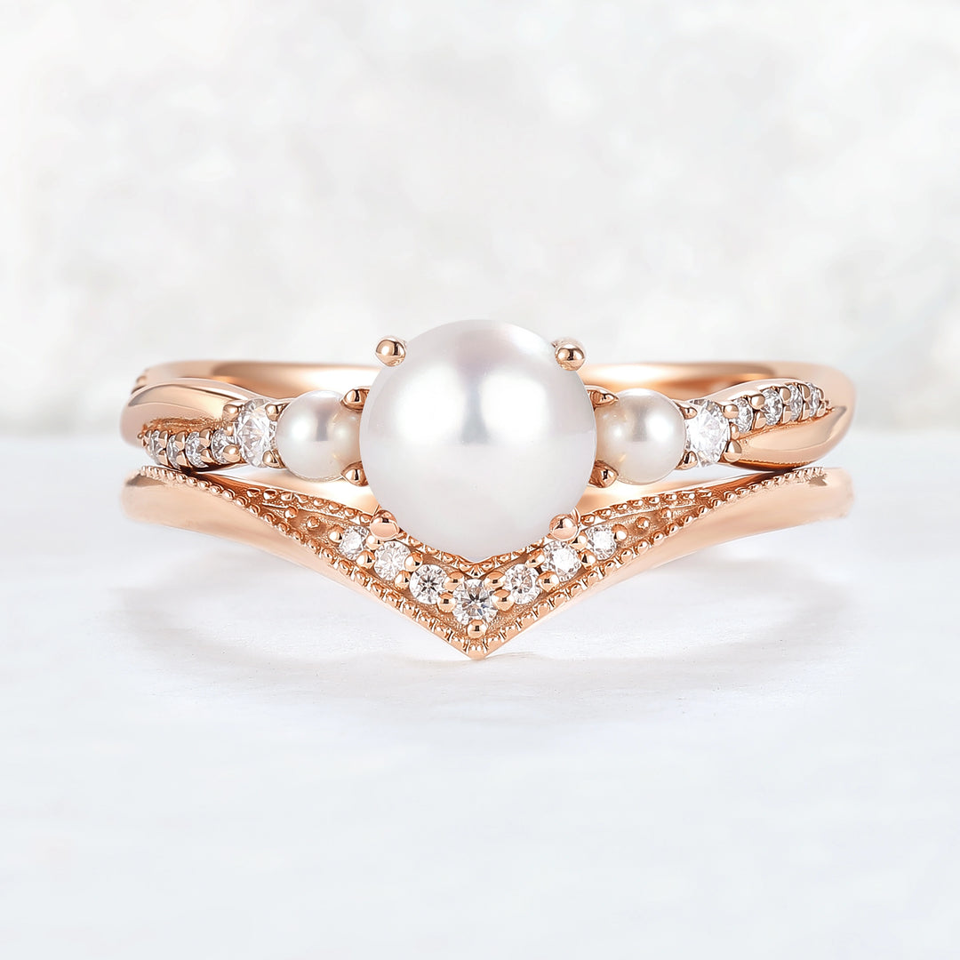Akoya Round Pearl and Moissanite Gemstone Ring Set 2pcs
