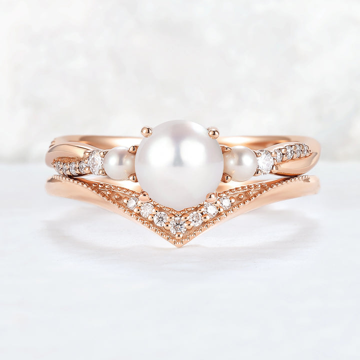 Akoya Round Pearl and Moissanite Gemstone Ring Set 2pcs