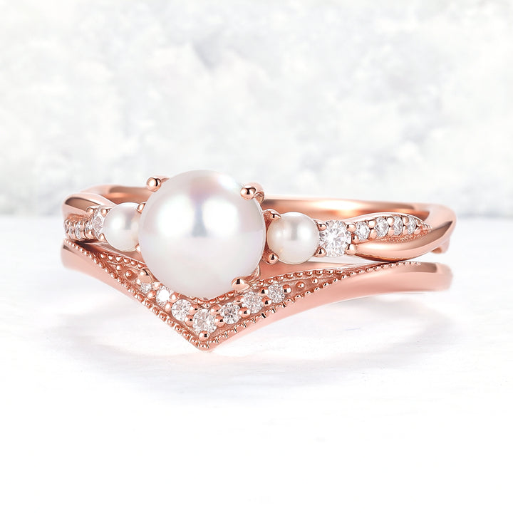 Akoya Round Pearl and Moissanite Gemstone Ring Set 2pcs
