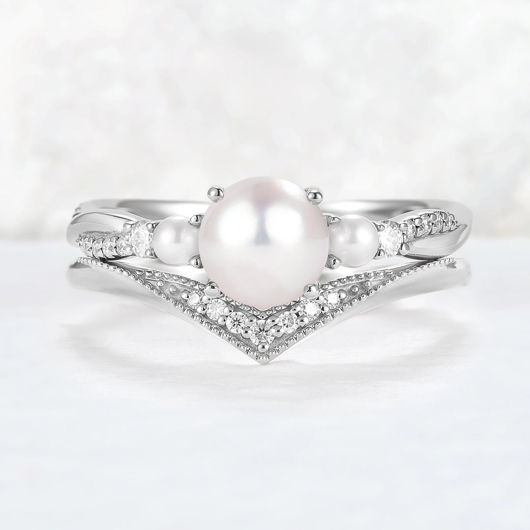 Akoya Round Pearl and Moissanite Gemstone Ring Set 2pcs