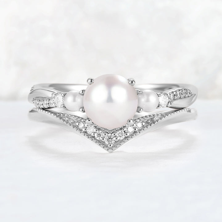 Akoya Round Pearl and Moissanite Gemstone Ring Set 2pcs