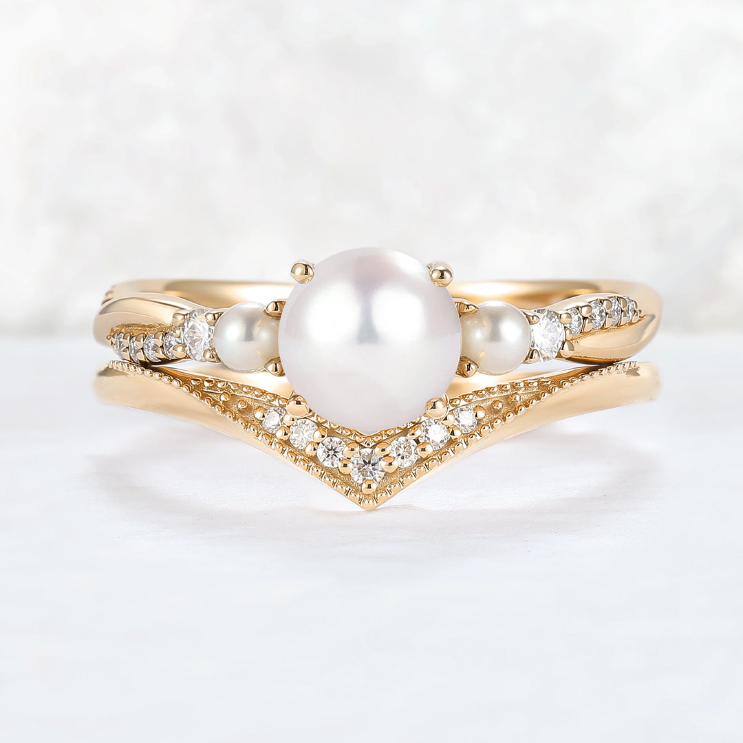 Akoya Round Pearl and Moissanite Gemstone Ring Set 2pcs