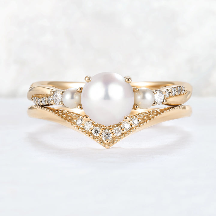 Akoya Round Pearl and Moissanite Gemstone Ring Set 2pcs