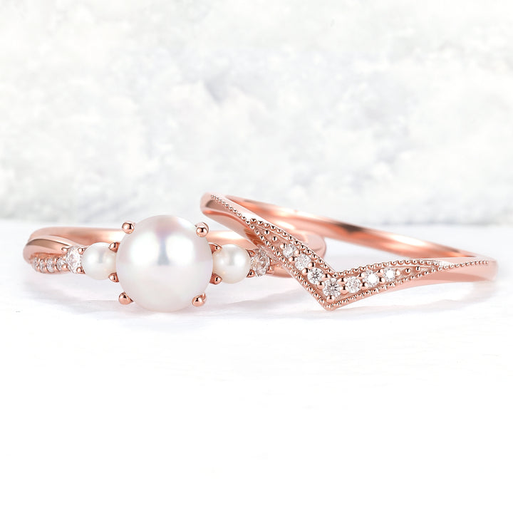 Akoya Round Pearl and Moissanite Gemstone Ring Set 2pcs