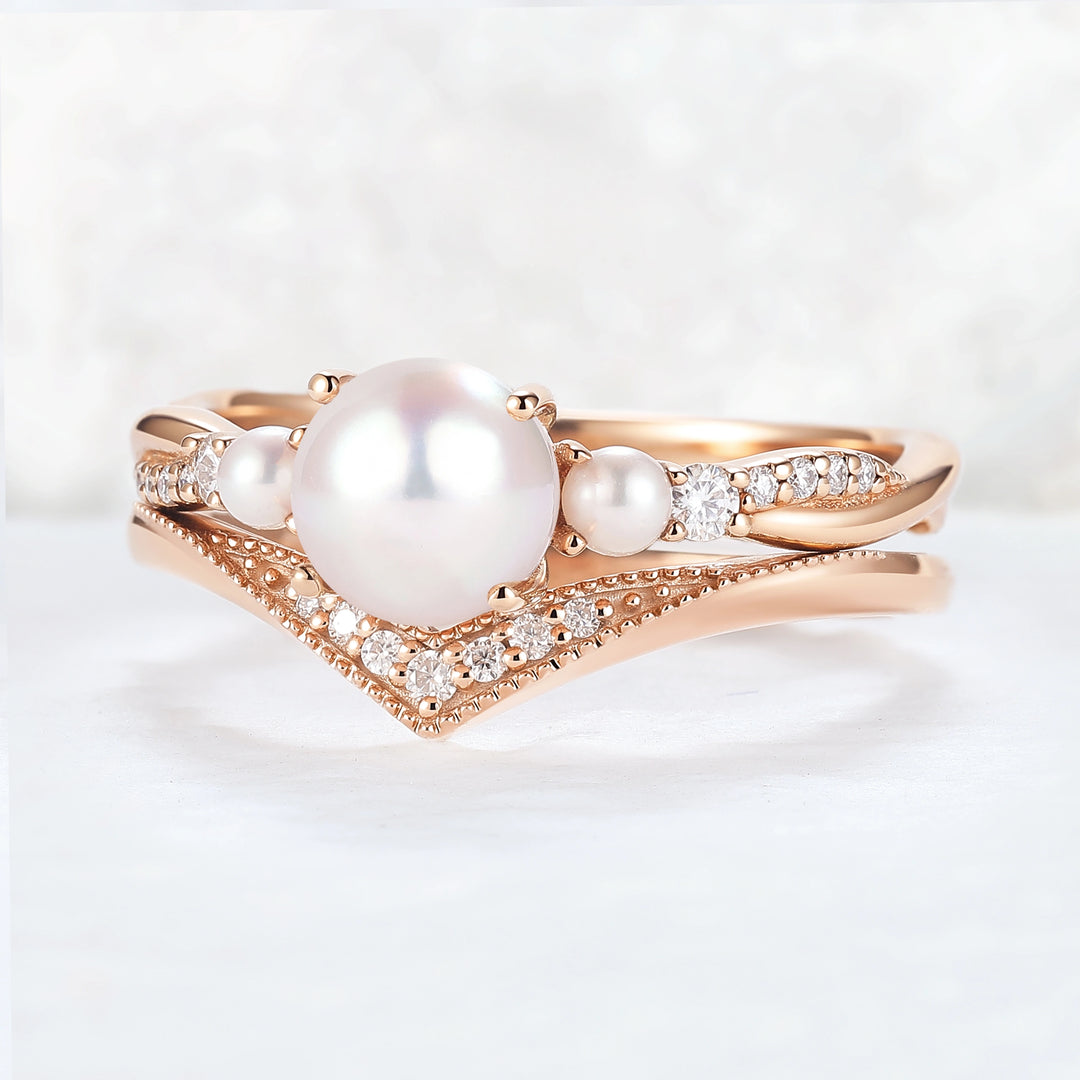 Akoya Round Pearl and Moissanite Gemstone Ring Set 2pcs