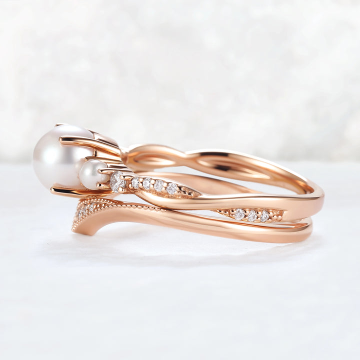Akoya Round Pearl and Moissanite Gemstone Ring Set 2pcs