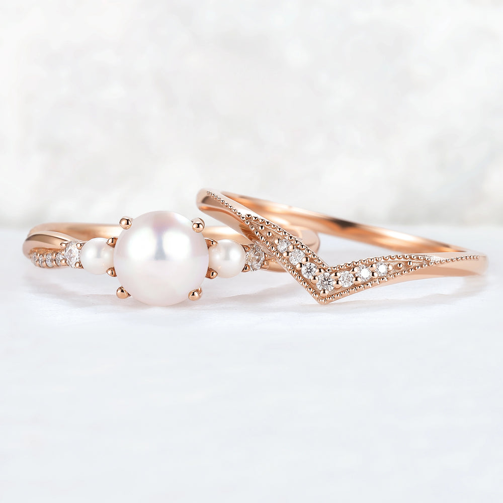 Akoya Round Pearl and Moissanite Gemstone Ring Set 2pcs