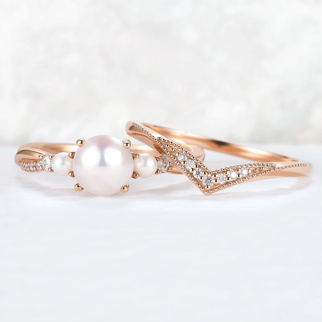 Akoya Round Pearl and Moissanite Gemstone Ring Set 2pcs