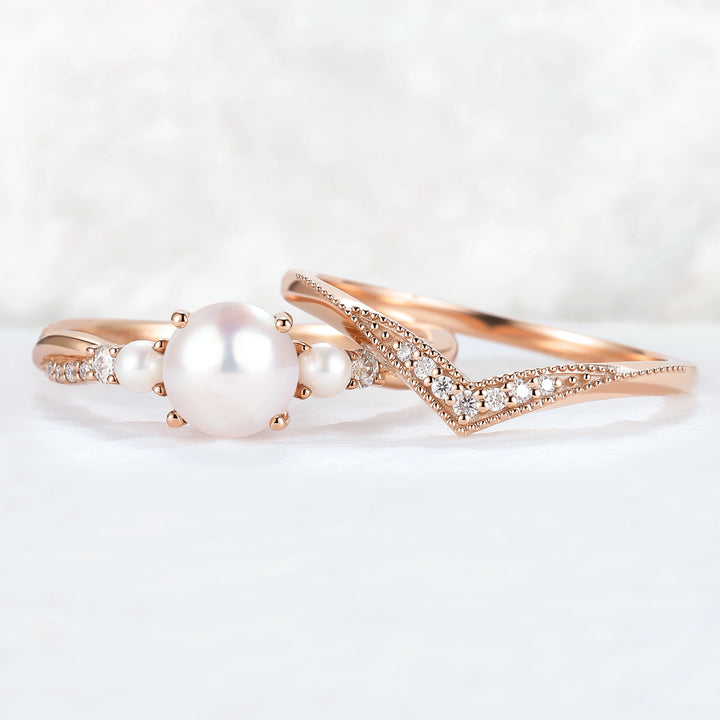 Akoya Round Pearl and Moissanite Gemstone Ring Set 2pcs
