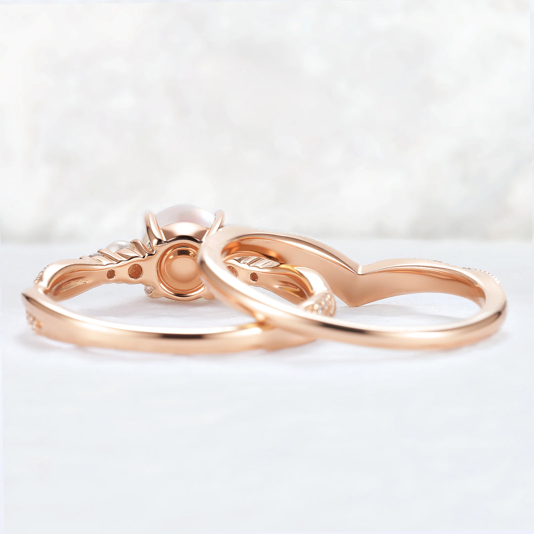 Akoya Round Pearl and Moissanite Gemstone Ring Set 2pcs