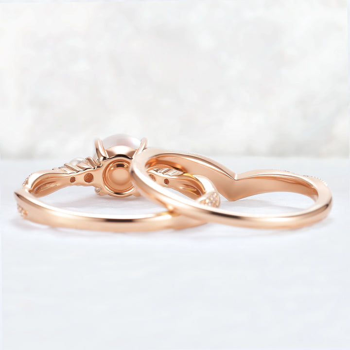 Akoya Round Pearl and Moissanite Gemstone Ring Set 2pcs