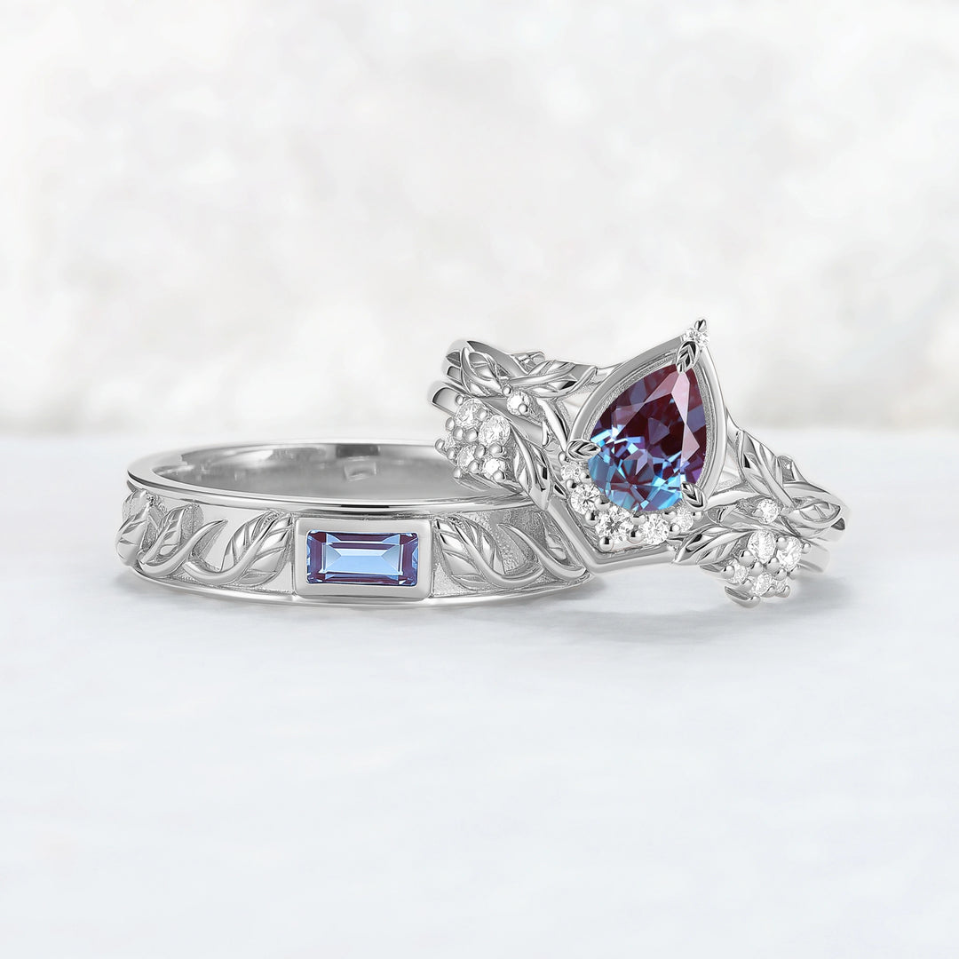 Nature Inspired Pear Cut Alexandrite Couple Ring - Magic Forest