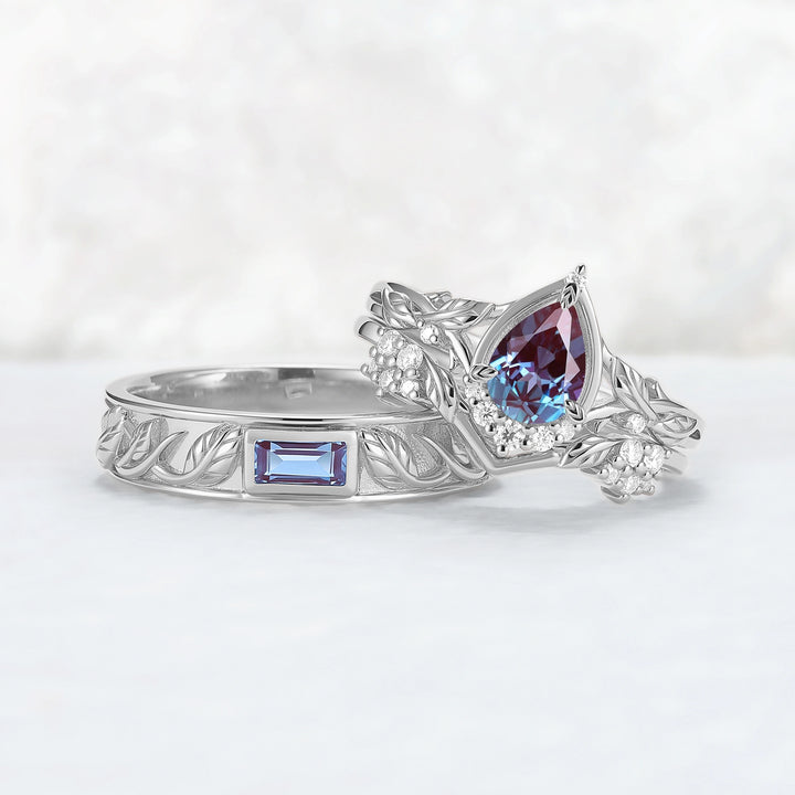 Nature Inspired Pear Cut Alexandrite Couple Ring - Magic Forest