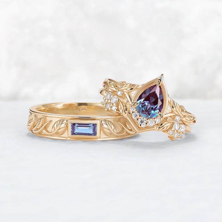 Nature Inspired Pear Cut Alexandrite Couple Ring - Magic Forest