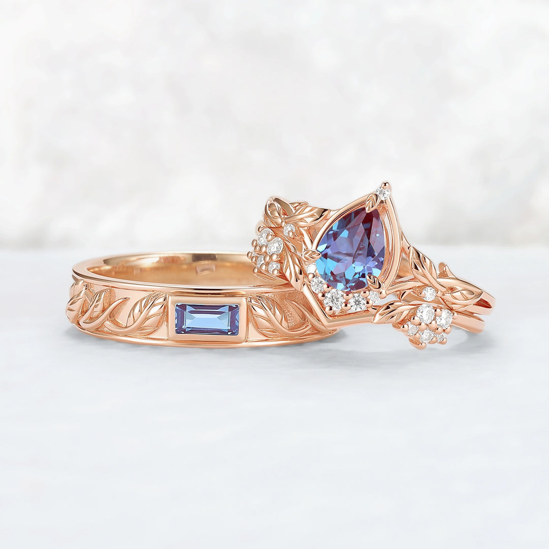 Nature Inspired Pear Cut Alexandrite Couple Ring - Magic Forest