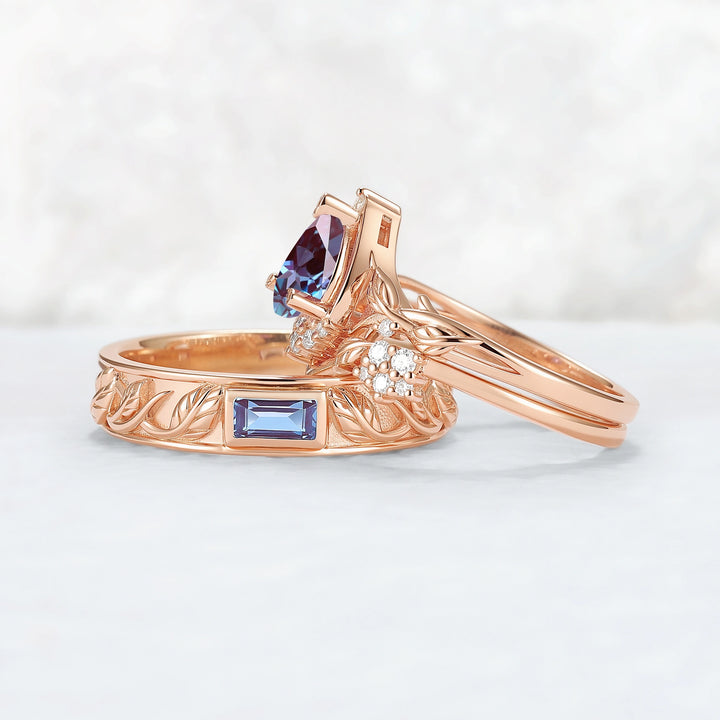 Nature Inspired Pear Cut Alexandrite Couple Ring - Magic Forest
